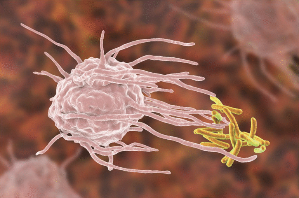 This monocyte white blood cell is a phagocyte that will engulf and destroy the rod-shaped bacteria that are causing an
infection